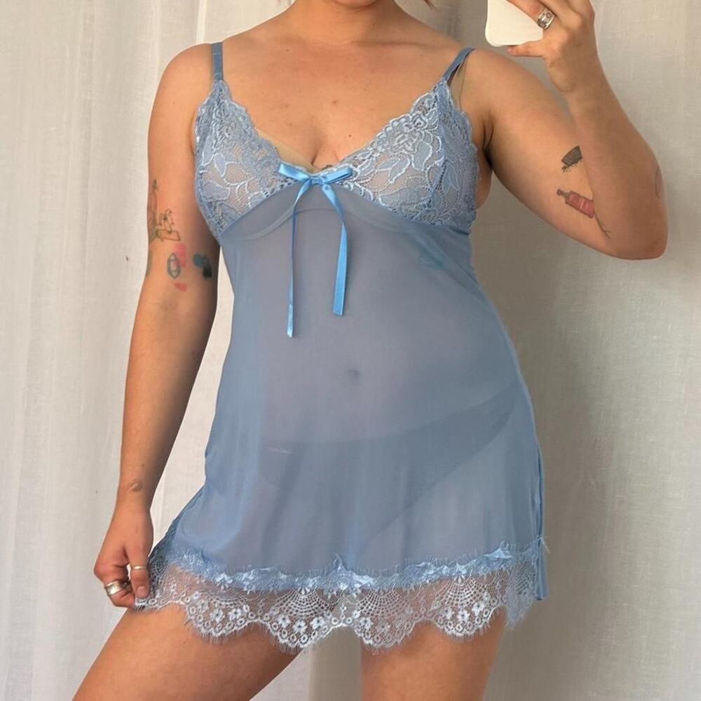 ✿ sheer baby blue lace slip dress ✿
